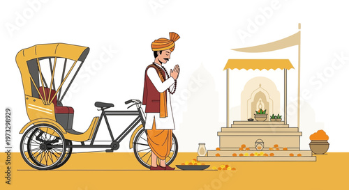 Indian Man in Traditional Attire Praying at a Shrine Next to a Rickshaw