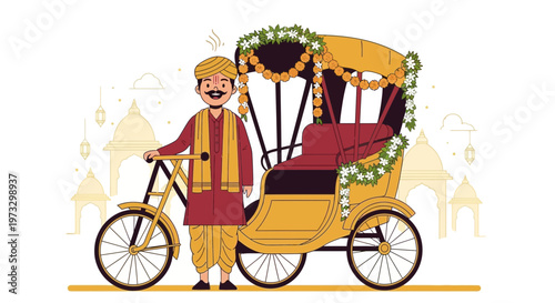 Indian Rickshaw Driver in Traditional Attire with Decorated Cycle Rickshaw