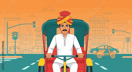 Indian Rickshaw Driver in Turban on City Street with Traffic Lights