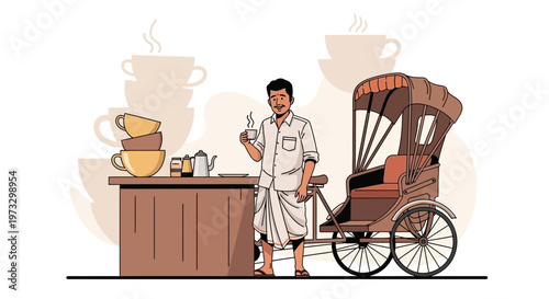 Indian Tea Seller with Rickshaw and Steaming Cups