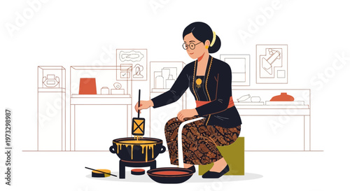 Indonesian Woman in Traditional Batik Attire Crafting Batik