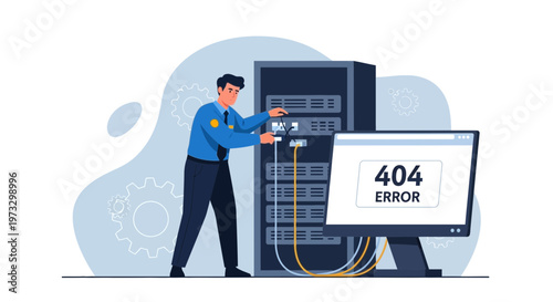 IT technician fixing server rack with 404 error on computer screen