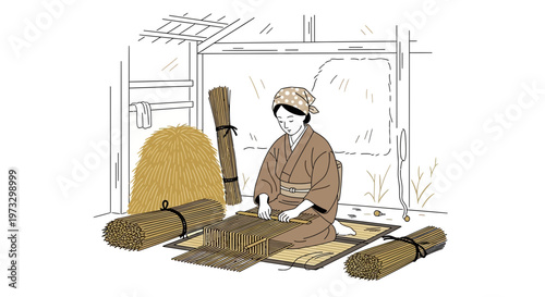 Japanese Woman Weaving Tatami Mat in Traditional Setting