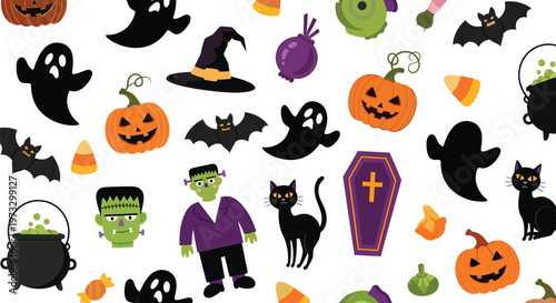 Festive halloween pattern spooky characters and classic symbols