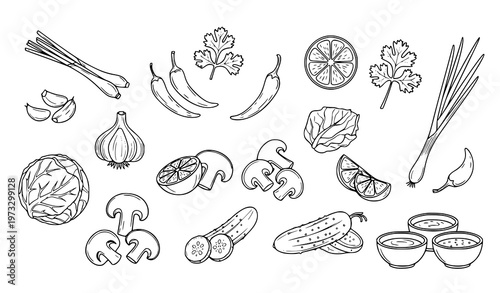 Detailed Thai BBQ ingredients outline icon set with vegetables, herbs, and side dishes