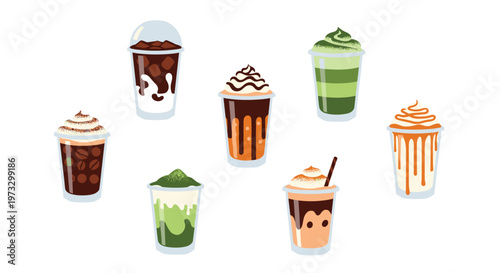 A diverse assortment of eight gourmet iced beverages including coffee lattes and matcha green tea drinks is presented with decadent whipped cream toppings.