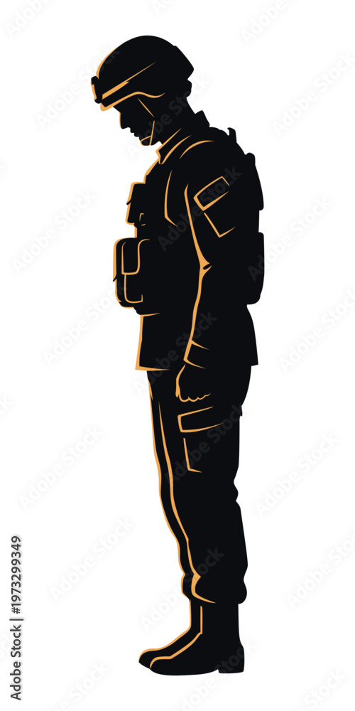 Fototapeta premium Silhouette of a Soldier Bowing Head in Respectful Pose with Subtle Glow