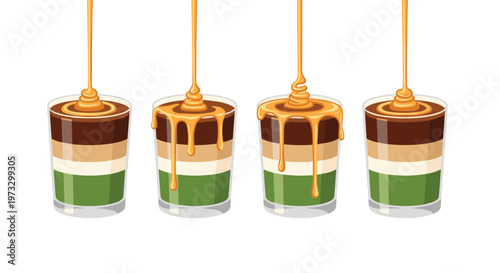 Four elegant glass tumblers filled with distinct colorful layers of dessert are being topped with a thick and luscious stream of golden caramel sauce.