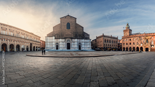 Piazza Maggiore panorama Basilica di San Petronio cathedral and palaces on sunny day, Bologna, Italy