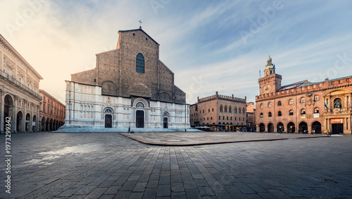 Piazza Maggiore panorama Basilica di San Petronio cathedral and palaces on sunny day, Bologna, Italy