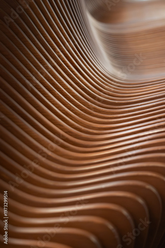 Abstract modern architecture. Wooden bench close up curved lines