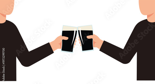 Two simplified human silhouettes wearing black shirts raise their glasses of dark frothy stout for a friendly toast against a plain white background.