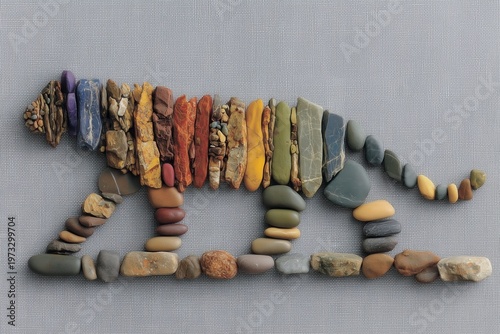Tiger made from stones on grey background