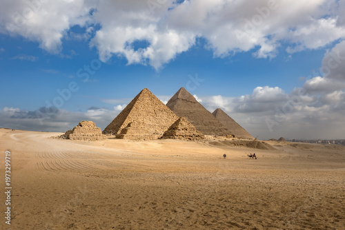 Great pyramids of Giza panorama from southern viewpoint on sunny day, Cairo, Egypt