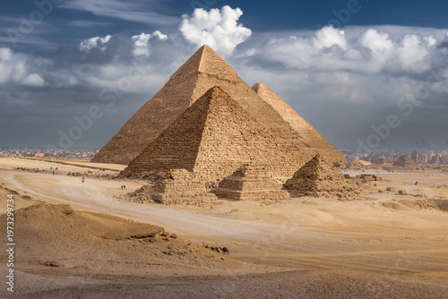 Great pyramids of Giza panorama from southern viewpoint on sunny day, Cairo, Egypt