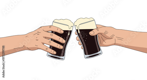Two realistic hands firmly grasp glasses of dark porter beer to perform a celebratory clink with overflowing creamy foam against a white minimalist backdrop.