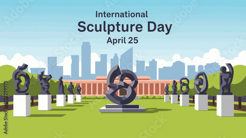 International Sculpture Day April 25 Outdoor Art Illustration, Sculpture Park with Modern Statues and City Skyline, Creativity and Cultural Heritage Concept Flat Vector Design