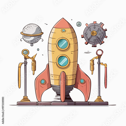 Colorful cartoon rocket ship vehicle.