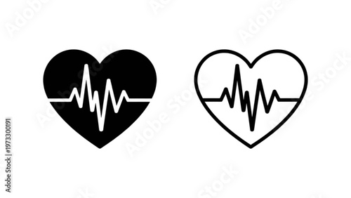 Black and white heart icons with heartbeat lines inside Vector