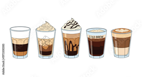 A diverse selection of five distinct coffee beverages including lattes and cold brews stands elegantly arranged against a pristine white minimalist setting.