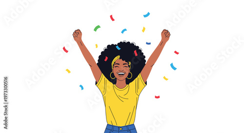 A joyful African American woman with a voluminous afro hairstyle raises her arms in triumphant celebration surrounded by vibrant falling paper confetti.