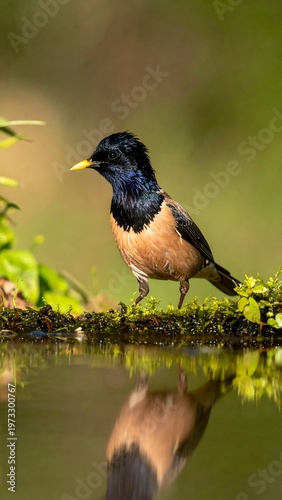 A colorful bird, with black head and pinkish body, stands near water. Its reflection creates symmetry. Lush greenery forms the background