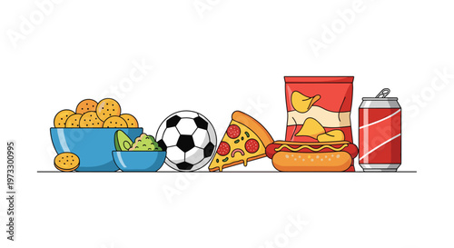 A diverse assortment of popular game day snacks including pizza slices and hot dogs is lined up next to a traditional black and white soccer ball.