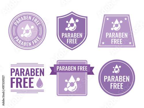 Paraben free product label emblem set, clean beauty cosmetic badges with molecule drop icon