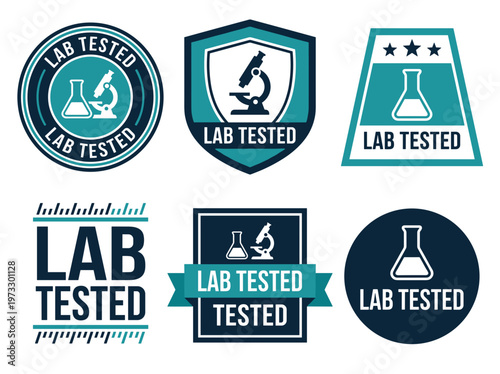 Scientific certification emblems, lab tested quality control labels with microscope icons and shield shapes.