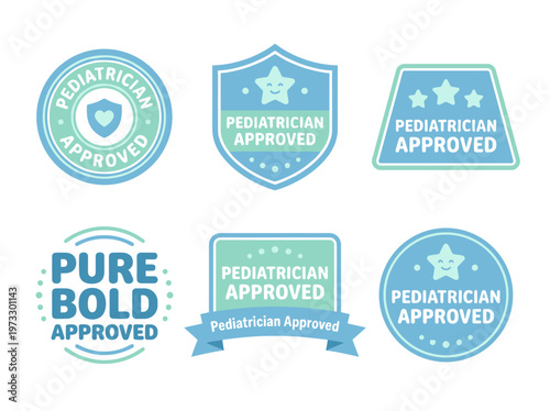 Pediatrician approved medical certification seals, soft mint and blue baby care product badges