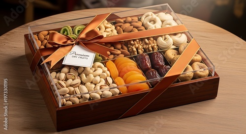 Assorted premium dry fruits in elegant gift box, festive presentation, top view, rich textures, healthy snacks concept, luxury food styling