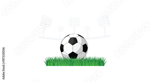 A traditional black and white soccer ball rests on a lush patch of green grass under the faint silhouettes of bright stadium floodlight towers.