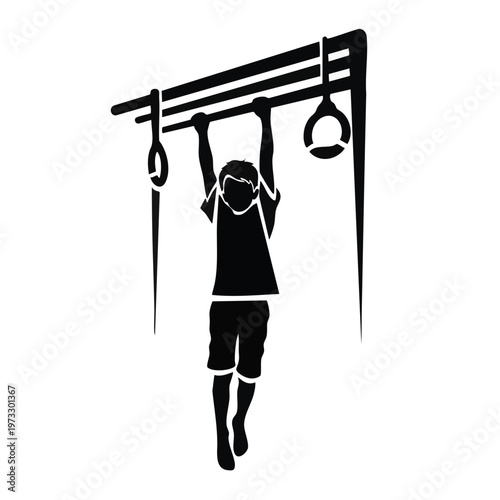 Boy hanging from gymnastic rings silhouette vector illustration. Childhood sport and strength training concept. Isolated graphic