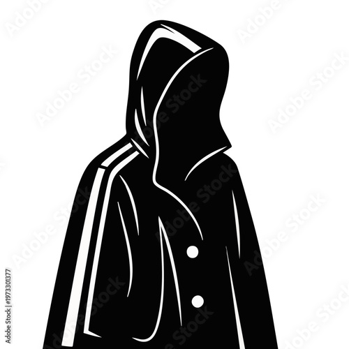Person wearing hooded raincoat silhouette vector illustration. Rainy weather and protection concept. Isolated graphic