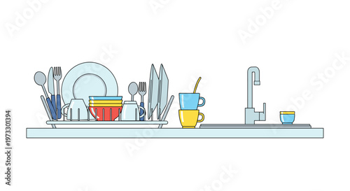 A tidy kitchen counter displays a metal dish rack organized with clean plates and utensils positioned beside a sleek modern faucet and sink area.