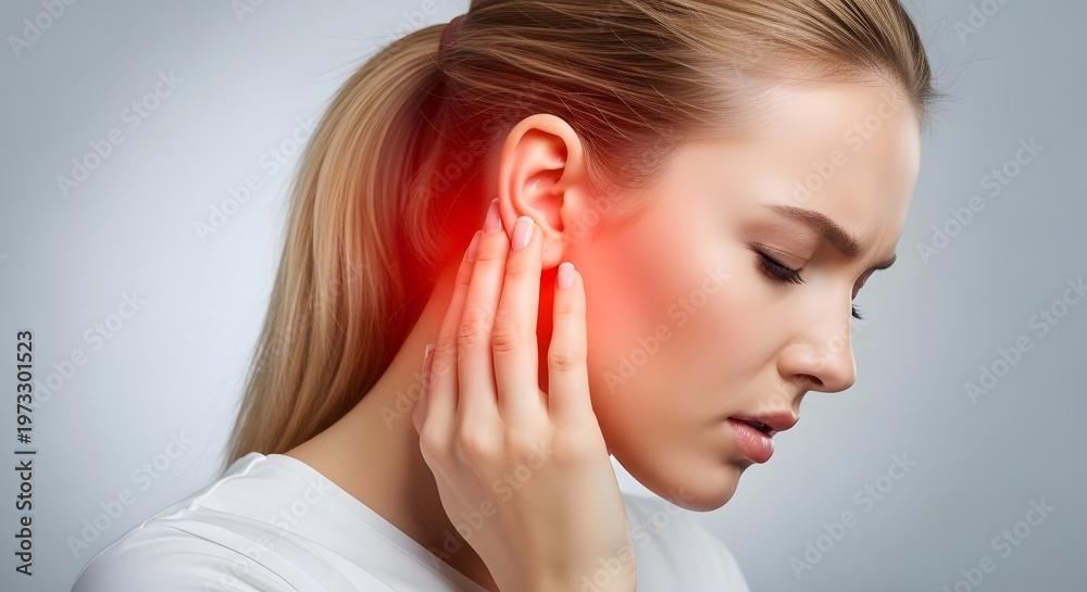 Fototapeta premium Ear infection and sharp tinnitus pain relief. Otology and healthcare diagnostics. Woman touching her ear in distress with a red glow representing inflammation and auditory discomfort