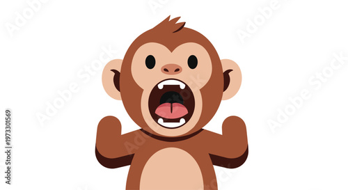 A charming brown cartoon monkey looks forward with a wide-open mouth and raised arms displaying great surprise or excitement on a plain white background.