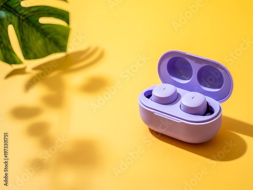 Purple wireless earbuds in open charging case on yellow background with green leaf shadow