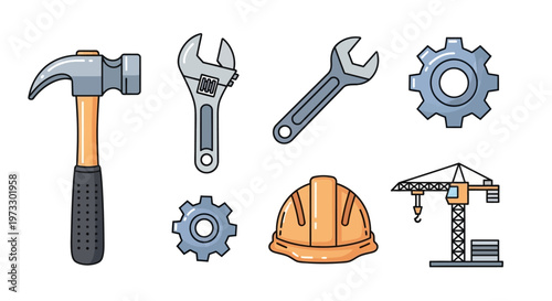 Construction tools and equipment set.