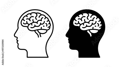 Two silhouettes of human heads showcasing brain structures from a side view Vector