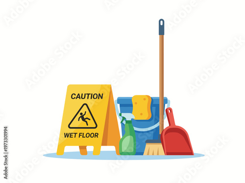 This image displays a 'Caution Wet Floor' sign alongside various cleaning supplies including a bucket, mop, sponge, and spray bottle, emphasizing cleanliness and safety.