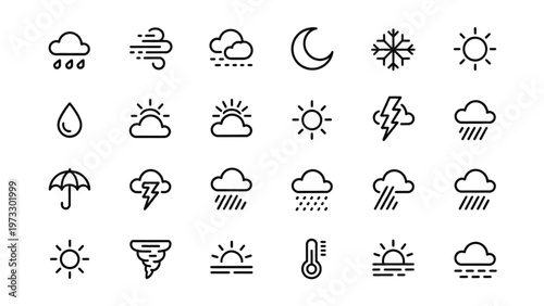 Collection of various weather and climate condition icons depicting sky phenomena Vector