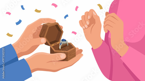 An engaging depiction of a romantic ring proposal, capturing the emotions of surprise and joy during a significant moment in a relationship with vibrant celebratory elements