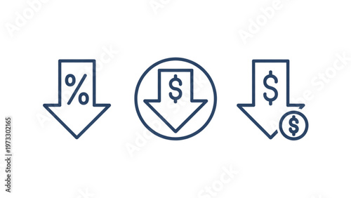 Icons depicting downward trends in percentage, dollar, and currency values Vector