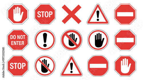 Collection of various traffic and warning sign icons with red borders Vector