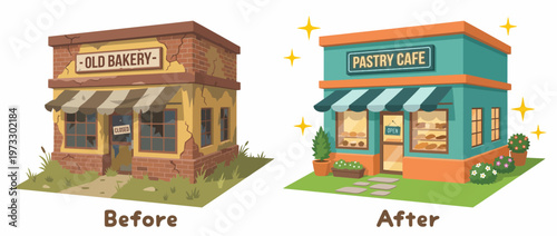 This image shows a striking comparison of a renovated bakery, transforming from old and rustic to a bright, inviting pastry cafe, highlighting modernization and charm.