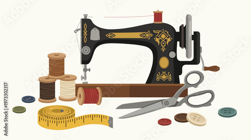 An artistic display featuring a vintage sewing machine surrounded by threads, scissors, buttons, and a measuring tape, showcasing craftsmanship and creativity in sewing.