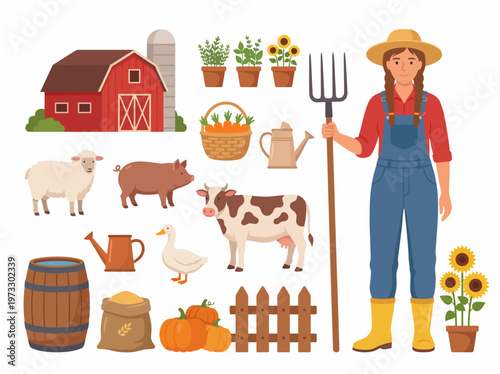 A female farmer stands proudly among her crops and animals, symbolizing hard work and dedication in agriculture while promoting sustainable living and rural values.