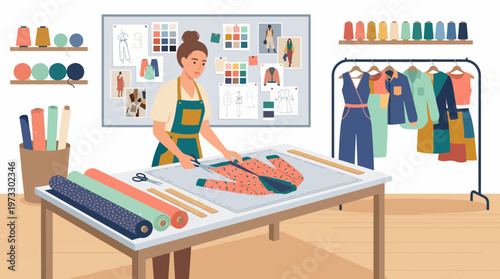 A talented fashion designer meticulously sketches and prepares fabric pieces on a cutting table, embarking on a creative process to bring unique clothing styles to life.