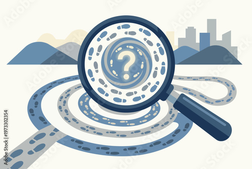 A magnifying glass emphasizes footprints in a winding path, symbolizing the search for answers and personal discovery amid life’s journey and challenges.